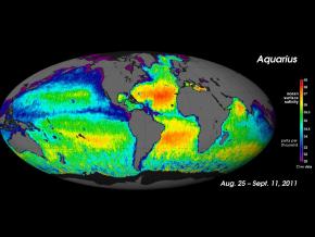 <p><strong>SF Fig. 2.3.</strong> The average ocean surface salinity from August 25 to September 11, 2011, produced by the National Aeronautics and Space Administration (NASA) science satellite Aquarius. Red indicates areas of high salinity. Purple indicates areas of low salinity.</p>