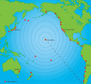 <p><strong>Fig. 5.33.</strong> Estimates of tsunami travel time across the Pacific ocean basin for a tsunami originating in Hawai‘i. The concentric dotted circles represent the travel time in hours from Honolulu.</p>
