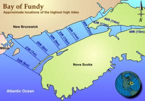 <p><strong>SF Fig6.14.</strong> (<strong>B</strong>) The Bay of Fundy’s highest tidal heights are located at the narrowest point in the funnel-shaped bay.</p>