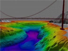 <p><strong>Fig. 7.49.</strong> Three-dimensional computer model of the seafloor looking west under the Golden Gate Bridge, San Francisco, California. Red indicates the shallowest areas of the bay; purple indicates the deepest area of the bay.</p>
