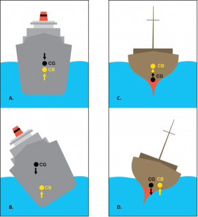 <p><strong>Fig. 8.43.</strong> The forces of buoyancy and gravity affect stable and unstable ships. (<strong>A</strong>) A stable ship in calm water with its center of gravity (CG) and center of buoyancy (CB) positions marked. (<strong>B</strong>) An unstable ship with unevenly distributed density cannot tilt itself back upright. (<strong>C</strong>) A ship with a weighted hull (uneven density) in calm water. (<strong>D</strong>) An unstable ship with a weighted hull (uneven density) that cannot right itself from a tilted position.</p>
