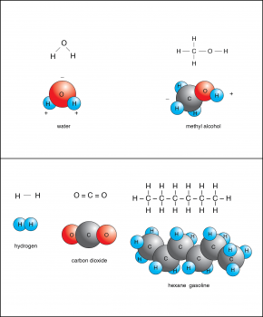 <p>&nbsp;</p>
<p><strong>Fig. 3-6:</strong> Polar molecules (top) and nonpolar molecules (bottom). Note that carbon dioxide has two covalent bonds between each oxygen atom and the carbon atom, which is shown here as two lines and referred to as a double bond.</p>
