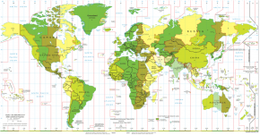 <p><strong>SF Fig. 1.12.</strong> On this standard time zone map of the world, areas located along similar longitude lines that are the same color have the same time.</p>
