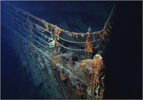 <p><strong>SF Fig. 1.13. </strong>This photograph of the bow of the Titanic was taken in 2004 by the ROV (Remotely Operated Vehicle) Hercules.&nbsp;</p>