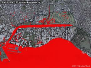 <p><strong>SF Fig. 3.6.</strong> (<strong>A</strong>) A satellite photo of Waikiki, Hawai‘i, has been modified to show potential flooding due to sea level rise. Red indicates saltwater intrusion predicted by 2050.</p>
