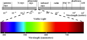 <p><strong>Fig. 2.40.</strong> This diagram of the electromagnetic spectrum emphasizes the small portion of the spectrum that is visible to human eyes. Wavelengths are measured in meters (m) along the grey bar and in nanometers (nm) along the colored bar showing visible light.</p>
