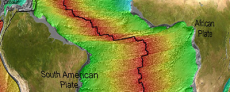 Portion of the earth from South America to Africa illustration of the ocean floor depth increasing from green to red.