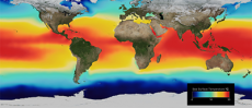 Illstration of the earth with temperature profile in color from red (hot) to dark blue (cold)