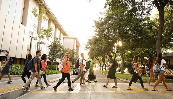 many students crossing the crosswalk on campus