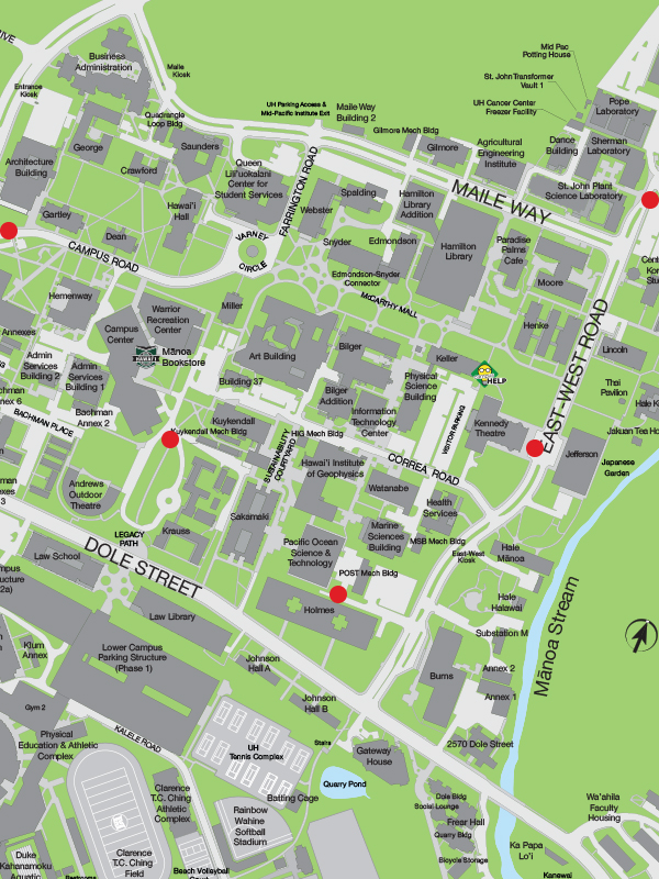 Map for rotating food trucks - Kennedy Theatre, POST, Kuykendall, Architecture, and Korean Studies