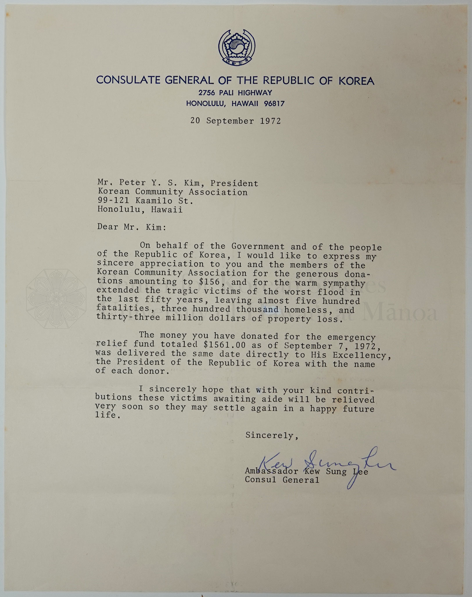 Thank-you letter from the Consulate General of the Republic of Korea, 9/20/1972