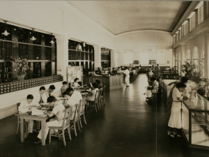 Students studying in a large hall