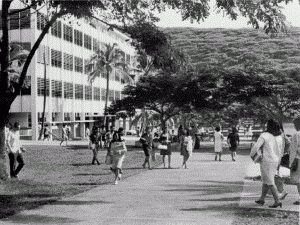 Photo of Spalding Hall and the Mall with students, 1966