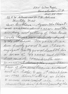 Page 1 of letter from Romanzo Adams to his brothers, Nov 28, 1941.