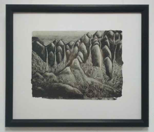 Black and white print of mountains