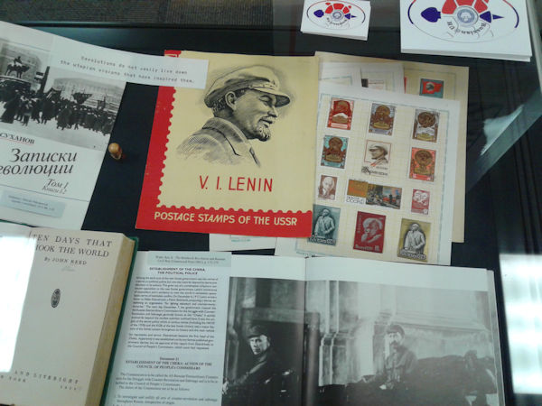 Postage stamps of the U.S.S.R. and various books on display.