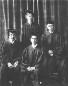 Photo of the 1914 graduating class of the College of Hawaii, showing 3 men and a woman.