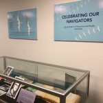 View of poster and display cases for Celebrating our navigators exhibit