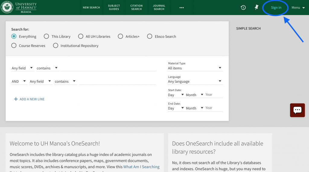 Screenshot of OneSearch main interface with Sign in link in the upper right circled