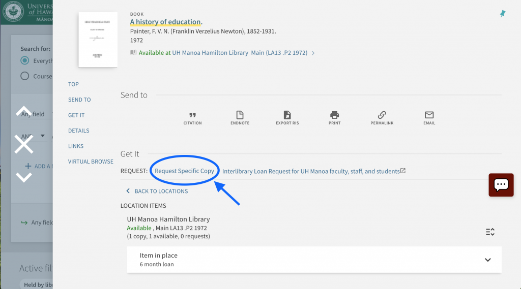 Screenshot of OneSearch record with Request Specific Copy link circled in the Get It section