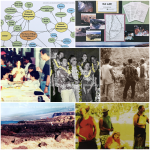 A collage of various groups of people, landscapes, and a resource management diagram