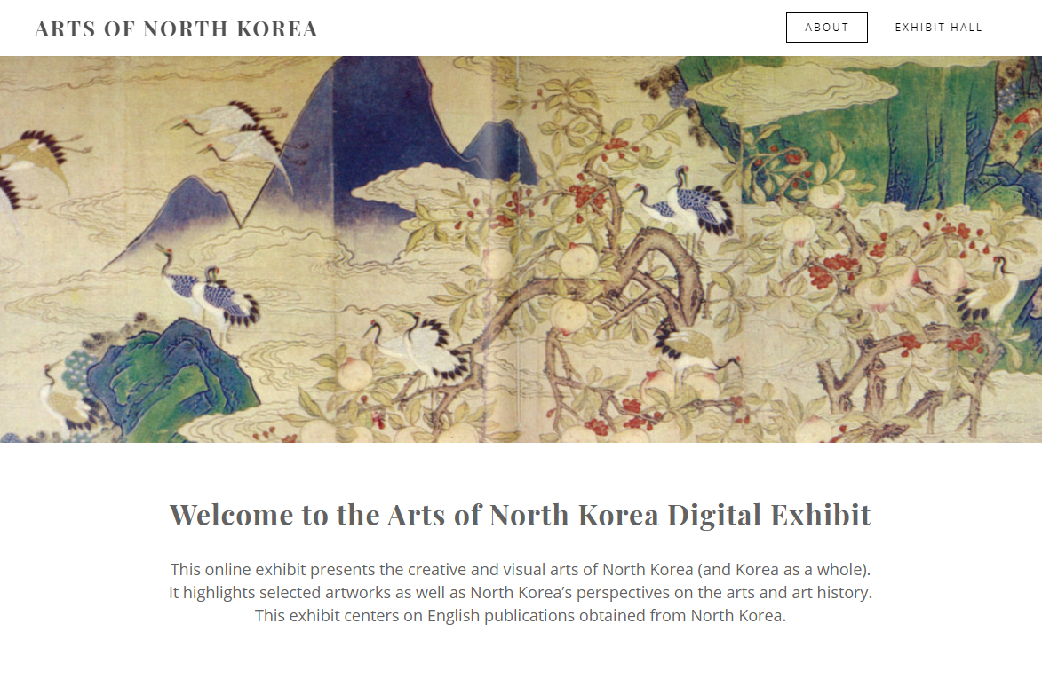 Arts of North Korea Exhibit Website Banner featuring cranes in a natural landscape