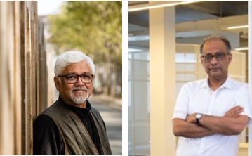 A split image. Amitav Ghosh, left. Kazi Khaleed Ashraf, right.