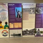 Miree Ya Kugani Exhibit: 4 Posters labeled Our Bright Hopeful Future, Honoring our Issei, Plantation Life, Life is a treasure