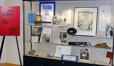 Display case with materials for Hiram Fong's UH Founder's Lifetime Achievement Award