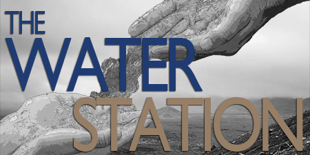 Black and white hands passing water. "The Water Station"