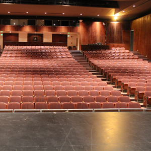 View of auditorium from stage. (619 seats in 3 sections, sloping upwards via stairs)