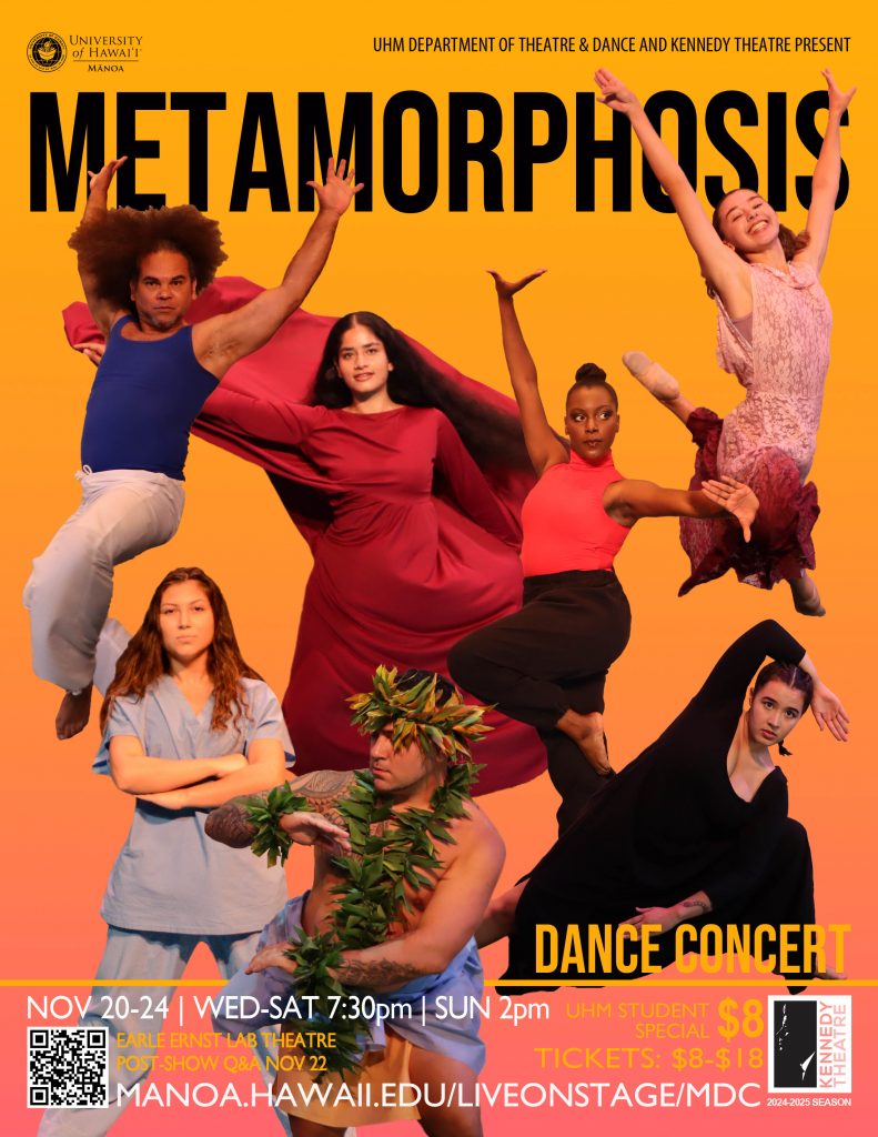 Metamorphosis Dance Concert Poster with seven dancers in various costumes and poses on a orange background.