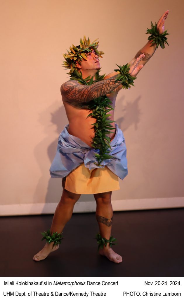 Male dancer with tribal tattoos on arm and leg wearing traditional male hawaiian dance attire. 