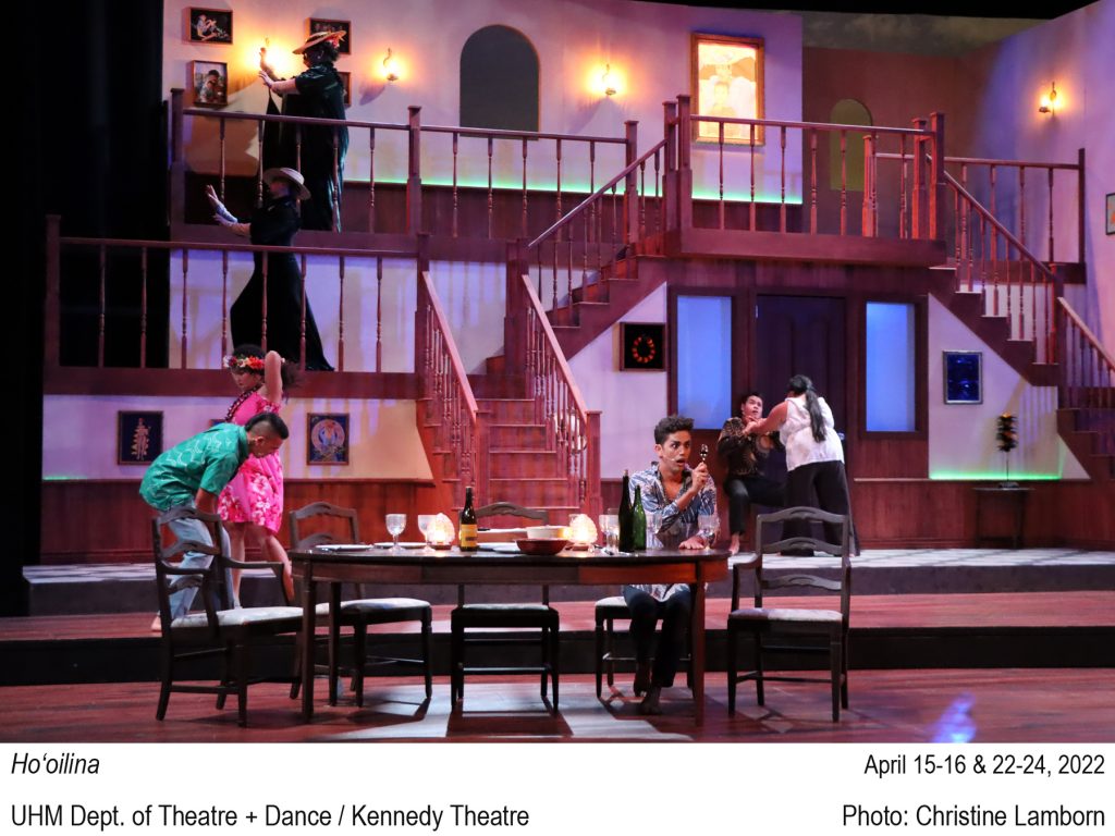 6 college actors moving about the house. TEXT: Ho‘oilina. April 15-16 & 22-24, 2022. UHM Dept. of Theatre + Dance / Kennedy Theatre. Photo: Christine Lamborn.