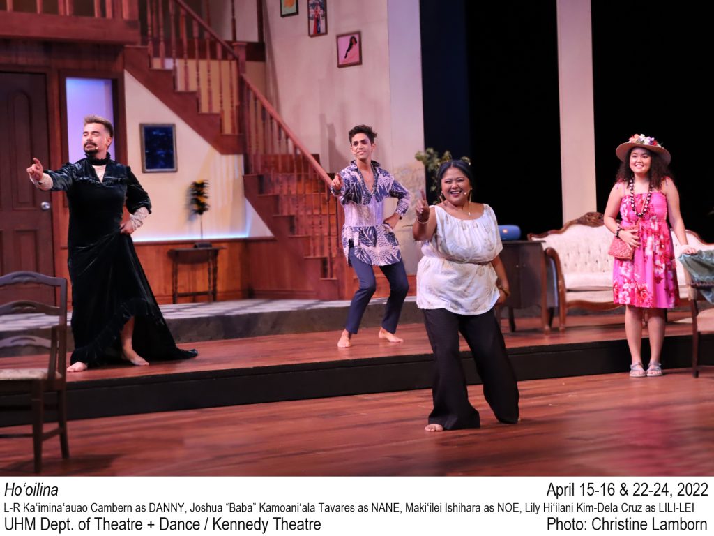 3 college actors perform a synchronized dance while another watches. TEXT: Ho‘oilina. April 15-16 & 22-24, 2022 L-R Kaʻiminaʻauao Cambern as DANNY, Joshua “Baba” Kamoaniʻala Tavares as NANE, Makiʻilei Ishihara as NOE, Lily Hiʻilani Kim-Dela Cruz as LILI-LEI UHM Dept. of Theatre + Dance / Kennedy Theatre. Photo: Christine Lamborn.