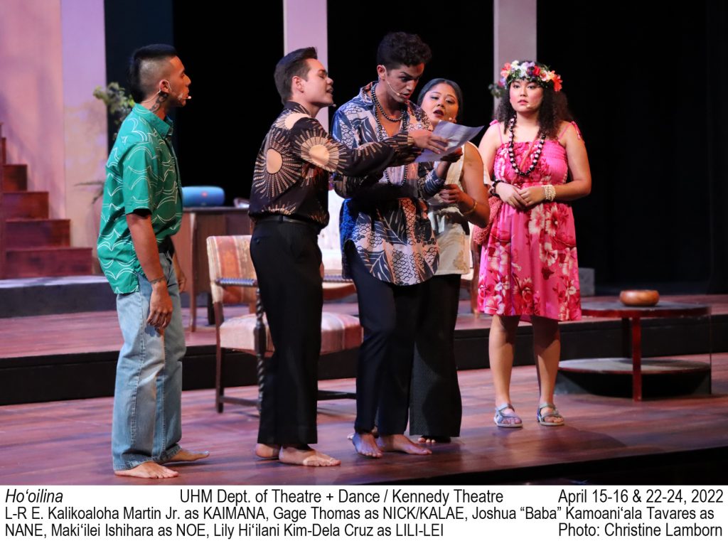 5 college actors argue over a piece of paper. TEXT: Ho‘oilina. UHM Dept. of Theatre + Dance / Kennedy Theatre. April 15-16 & 22-24, 2022 L-R E. Kalikoaloha Martin Jr. as KAIMANA, Gage Thomas as NICK/KALAE, Joshua “Baba” Kamoaniʻala Tavares as NANE, Makiʻilei Ishihara as NOE, Lily Hiʻilani Kim-Dela Cruz as LILI-LEI. Photo: Christine Lamborn.