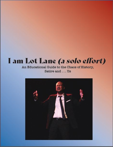 Blue and Red faded back ground, Image of Keola Simpson in a suit under the text,” I am Lot Lane (a solo effort) An Educational Guide to the Chaos of History, Satire and . . . Us” 