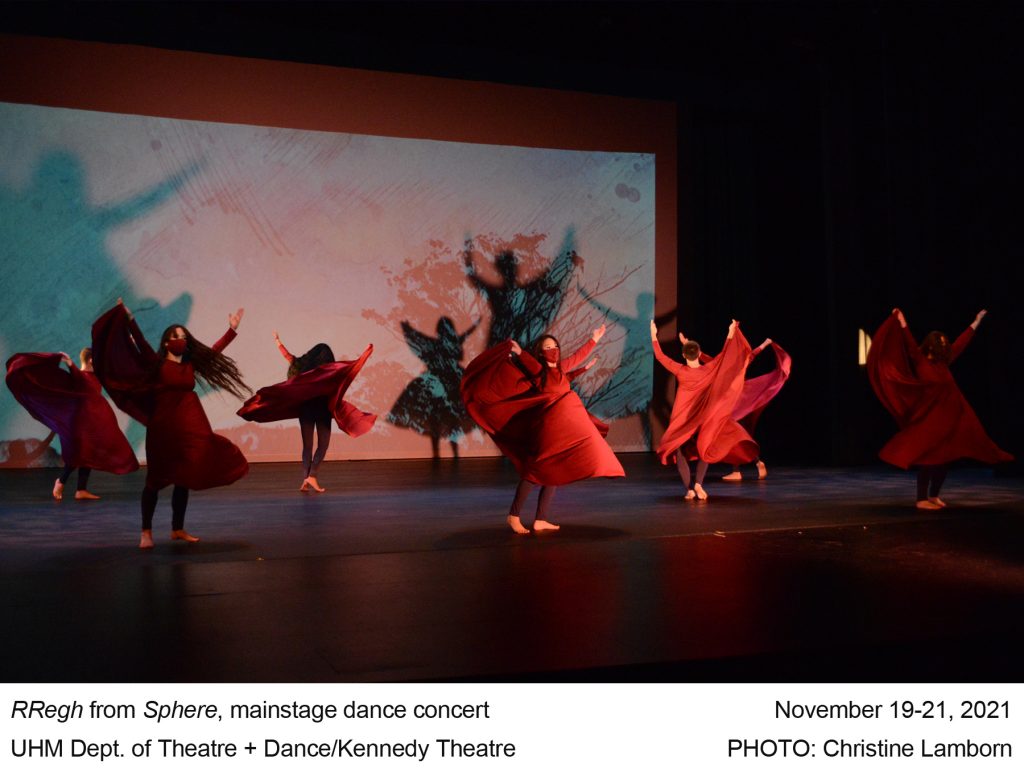 On a black stage with a soft green backdrop. 8 dancers in red dresses twirl their dress skirts with arms raised. Text: RRegh from Sphere, mainstage dance concert. November 19-21, 2021. UHM Dept. of Theatre + Dance/Kennedy Theatre. PHOTO: Christine Lamborn.
