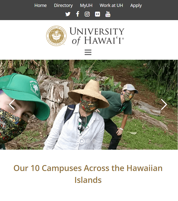 image of University of Hawaii homepage, which has a photo of Lyon Arboretum's Education Department staff posing outdoors wearing matching masks