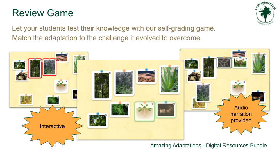 Review game: Let your students test their knowledge with our self-grading game. Match the adaptation to the challenge it evolved to overcome. Interactive format. Audio narration provided.