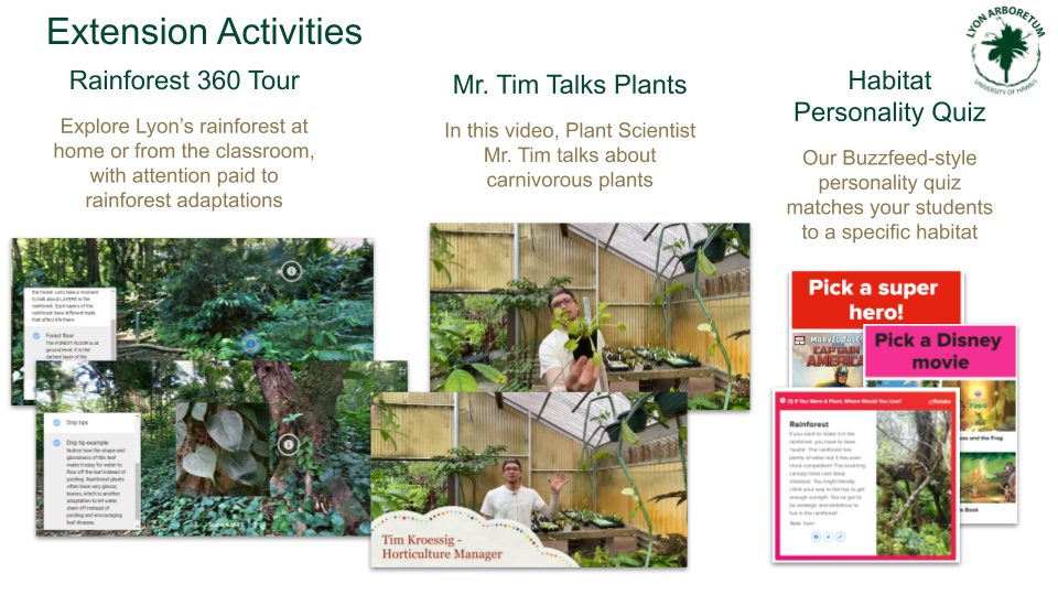 Extension activities. 1) Rainforest 360 Tour. Explore Lyon's rainforest at home or from the classroom, with attention paid to rainforest adaptations. 2) Mr. Tim Talks Plants: In this video, Plant Scientist Mr. Tim talks about carnivorous plants. 3) Habitat Personality Quiz: Our Buzzfeed-style personality quiz matches your students to a specific habitat.