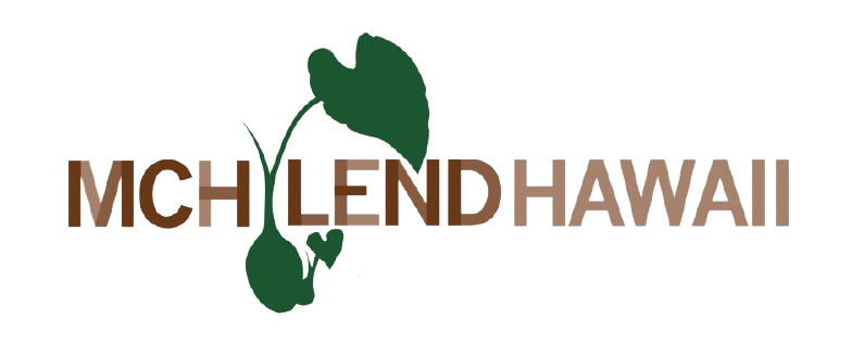 Program logo with brown capitalized text that reads MCH LEND HAWAII. Between the MCH and LEND is a dark green taro plant with a small bud growing off the main root.