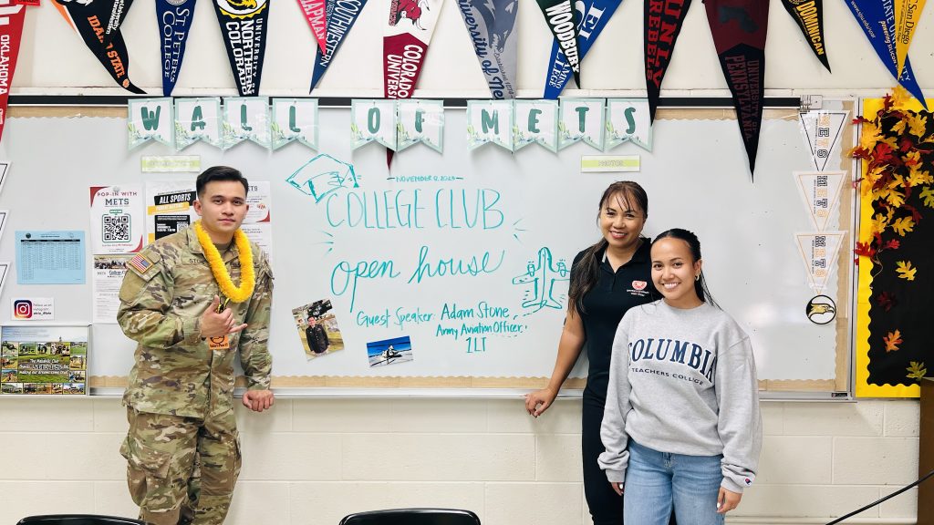 Guest Speaker First Lieutenant & Army Aviation Officer Adam Stone poses for a picture with METS Program Director Pearlena Stone, and Nānākuli High & Intermediate (NHIS) METS Program Specialist, Leanne Villanueva, during the first NHIS College Club Open House on November 8, 2023.