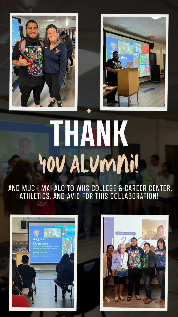 WHS Alumni Panel Presentation clip 5 - Thank You Alumni! And much mahalo to WHS College & Career Center, Athletics, and AVID for this collaboration!