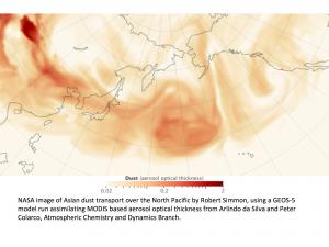 Asian dust transport over N Pacific. Credit: NASA; Robert Simmon, Arlindo da Silva, Peter Colarco. 