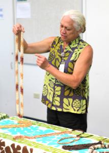 Tuti Kanahele demonstrates Hawaiian language and culture through leimaking.