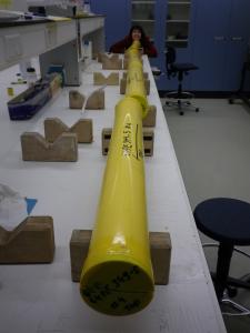 Piston cores, wrapped in yellow, await analysis. In background: lead author Cécile Blanchet.