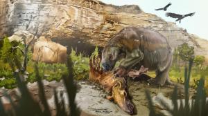 Reconstruction of giant ground sloth Mylodon darwinii feeding on carcass. Artist: Jorge Blanco