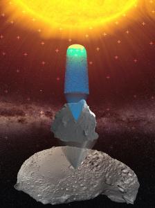 Graphic showing solar wind (+) creating water molecules from dust on Itokawa asteroid.