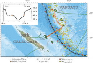 Proposed international SMART cable route between Lifou, New Caledonia and Tanna, Vanuatu. 